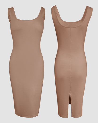 2 Pieces Outfit U-Neck Slit Back Slim Fit Knit Tank Dress and Pearl Button Front Baseball Coat Casual Ribbed Set