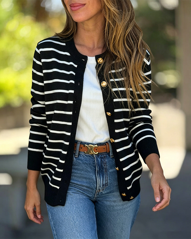 Women's Striped Knit Cardigan Casual Crewneck Button Down Sweater Vintage French Style Long Sleeve Top