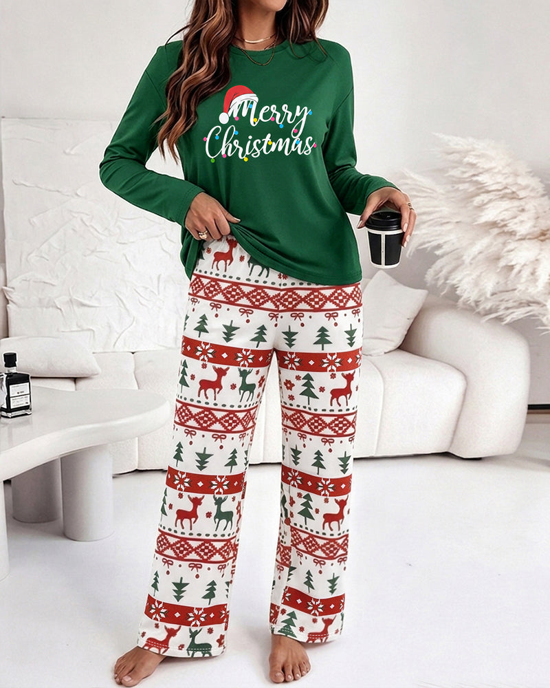 Ensemble pyjama deux pièces pour femmes, haut imprimé avec slogan et pantalon imprimé de noël, ensemble de salon décontracté