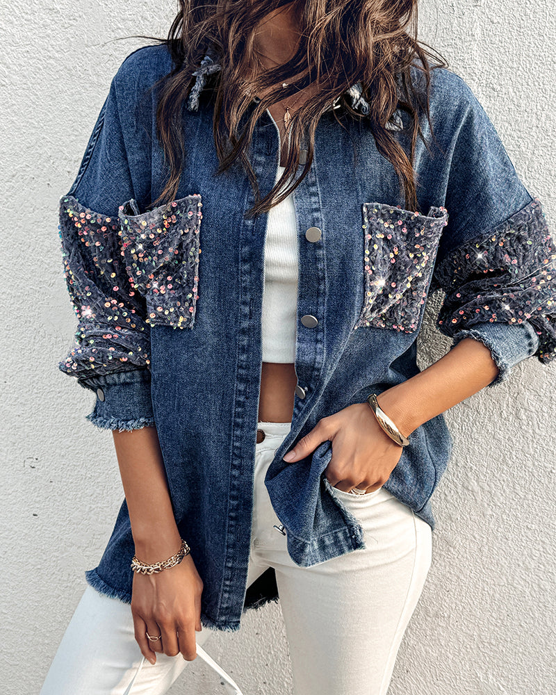 Turn-down Collar Contrast Sequin Long Sleeve Fringe Hem Denim Jacket Casual Coat