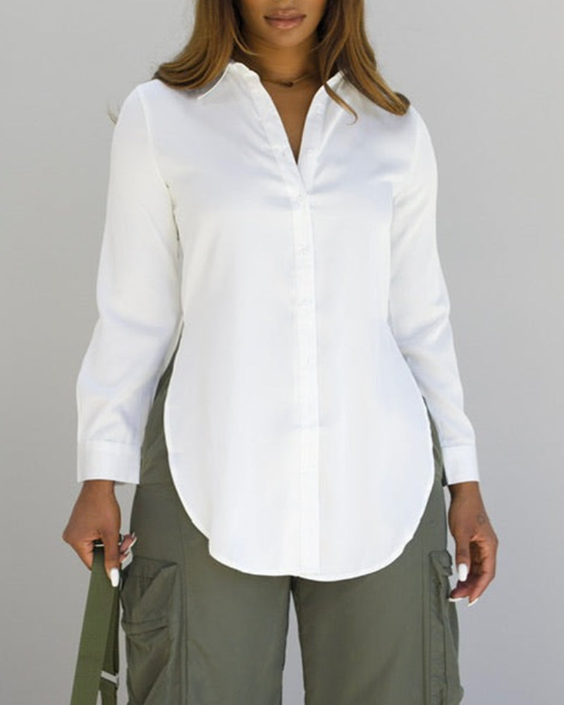 Classic Plain Long Sleeve Blouse with Turn-down Collar Casual Button Front Slit Top