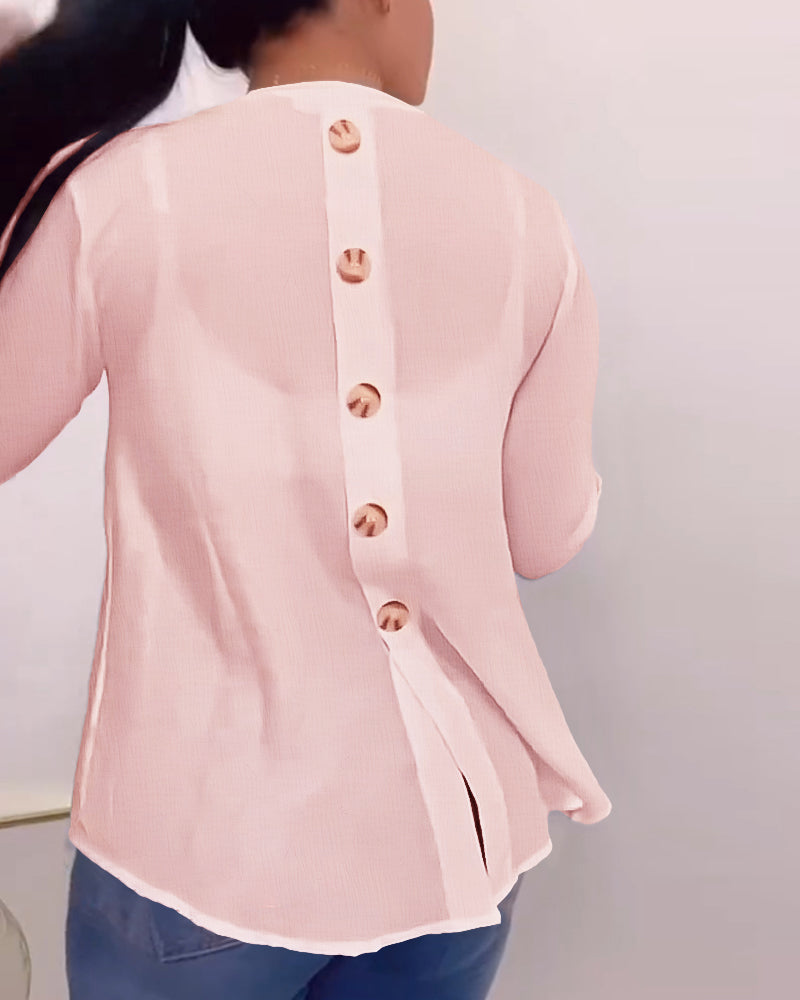 V-Neck Roll Up Sleeve Back Button Blouse Casual Top with Pocket
