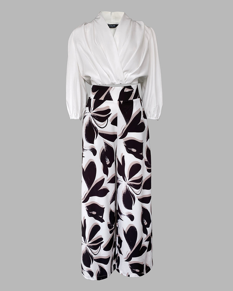 2 Pieces Outfit Wrap Plunge V Neck Crop Blouse and Casual Floral Print Wide Leg Pants Set