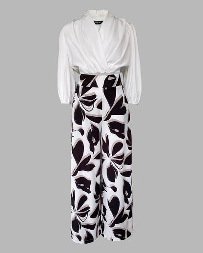 2 Pieces Outfit Wrap Plunge V Neck Crop Blouse and Casual Floral Print Wide Leg Pants Set