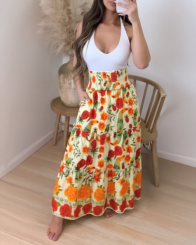 Women's Tropical Parrot Floral Maxi Skirt Shirred High Waist Ruffle Boho Skirt Flowy A-Line Skirt with Pocket