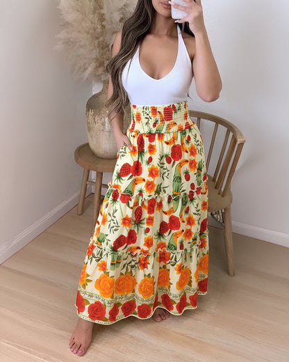 Women's Tropical Parrot Floral Maxi Skirt Shirred High Waist Ruffle Boho Skirt Flowy A-Line Skirt with Pocket