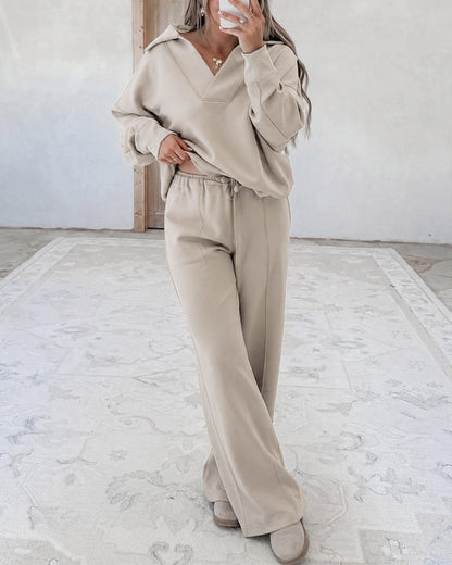 Women's Two Piece Sweatsuit Polo V Neck Pullover and Drawstring Wide Leg Pants Casual Lounge Set