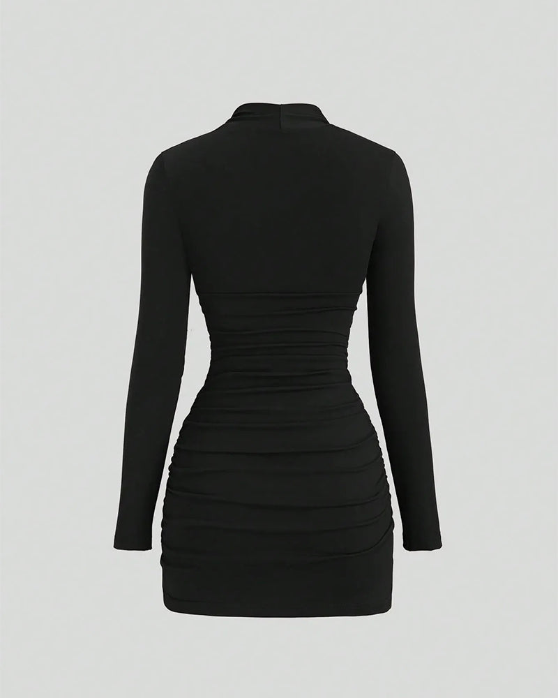 Women's Ruched Mini Dress Gold Buckle Long Sleeve Faux Two Piece Bodycon Dress Evening Party Dress