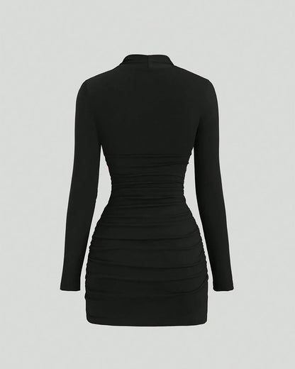 Women's Ruched Mini Dress Gold Buckle Long Sleeve Faux Two Piece Bodycon Dress Evening Party Dress