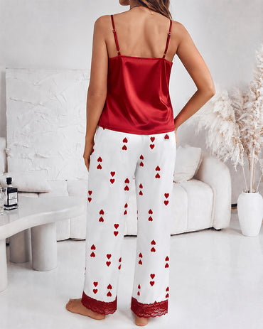 Women's Lace Trim Satin Pajama Set V Neck Cami Top and Heart Print Straight Leg Pants Casual Sleepwear Loungewear