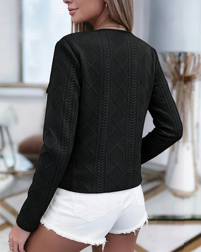 Women's French Style Cropped Jacket Round Neck Gold Button Coat Argyle Cable Jacquard Knit Outerwear