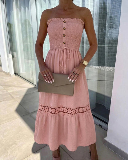 Women's Strapless Shirred Maxi Dress Lace Splice Tied Detail Frill Trim Sundress with Detachable Clear Straps