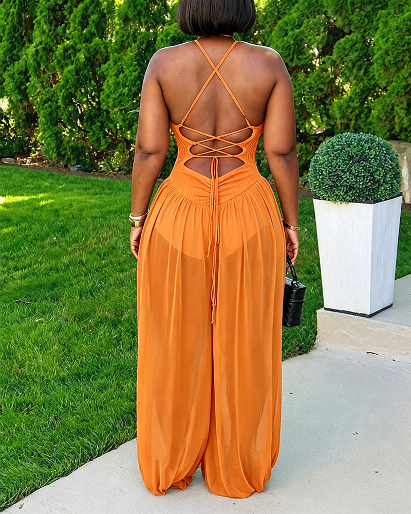 Women's V Neck Halter Backless Lace Up Lantern Jumpsuit Sexy Sheer Ruched Overalls