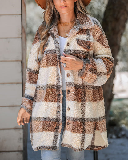 Women's Plaid Fleece Shacket Lapel Button Down Mid Length Oversized Jacket