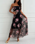 Women's Floral Strapless Mesh Dress Rhinestone Ruffle Hem Vacation Dress Cocktail Party Dress with Detachable Clear Straps