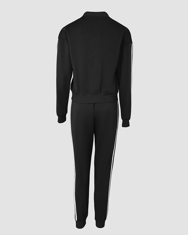 Conjunto de 3 piezas: abrigo con botones a presión delanteros, pantalones elásticos con cintura elástica, costuras delanteras y puños elásticos, y camiseta de tirantes; chándal casual con rayas laterales en contraste