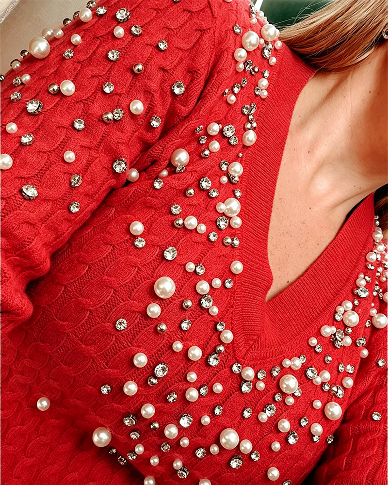 Rhinestone & Pearls Decor V-Neck Cable Textured Knit Sweater
