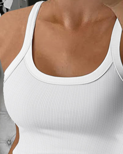 Scoop Neck Spaghetti Strap Ribbed Top Casual Sleeveless Slim Fit Tank