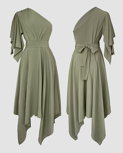 One Shoulder Asymmetrical Sleeve Bow Tie Party Dress Casual Zipper Side Cinched Waist Asymmetrical Hem Maxi Dress With Belt