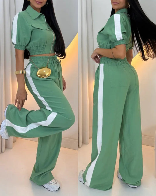 2 Pieces Outfit Turn-down Collar Zip Up Flap Pockets Design Stretchy Hem Crop Top and Drawstring Elastic Waist Wide Leg Pants Set Casual Contrast Tape Side Set