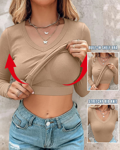 Women's V Neck Long Sleeve Ribbed Knit Top Slim Fit Base Layer Shirt Soft Stretchy Casual Tee with Built-in Bra