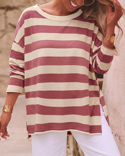 Women's Striped T Shirt Long Sleeve Drop Shoulder Crewneck Tee Side Slit Casual Loose Fit Top