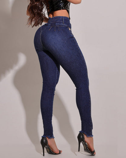High Waist Strechy Skinny Jean Pants Casual Butt Lifting Raw Hem Slim Fit Leggings