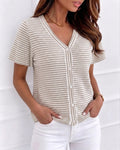 Women's V Neck Knit Top Textured Button Down Short Sleeve Blouse Soft Casual Shirt