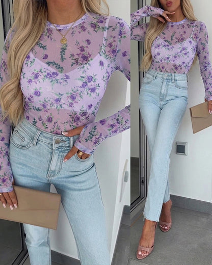 Women's Floral Print Sheer Mesh Top Long Sleeve Slim Fit Crewneck Layering Top with Thumb Hole Cuffs