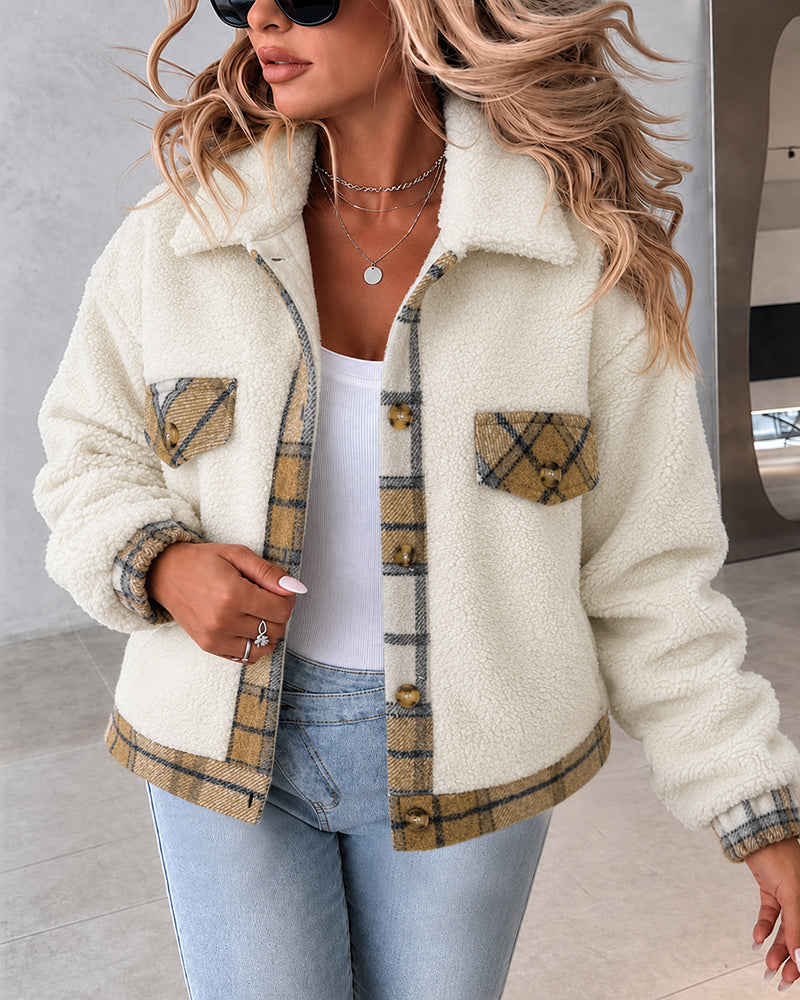 Women's Crop Sherpa Jacket Plaid Trim Fleece Coat Button Down Lapel Fluffy Outerwear