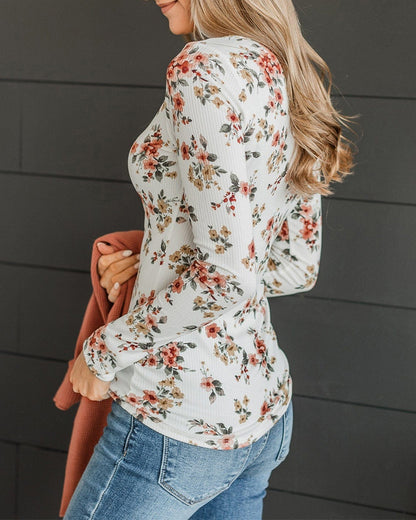 Women's Floral Print Henley Tee Ribbed Knit Slim Fit Long Sleeve Top