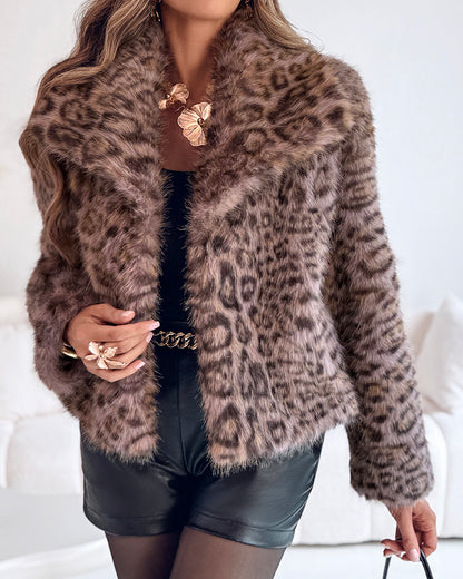 Turn-down Collar Long Sleeve Faux Fur Coat Jacket Casual Warm Fluffy Cropped Coat