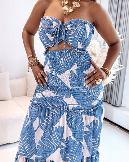 Tropical Print Halter Tie Shirred Frill Trim Cinched Waist Vacation Dress Ruched Cutout Front Slim Fit Ruffle Hem Mermaid Dress