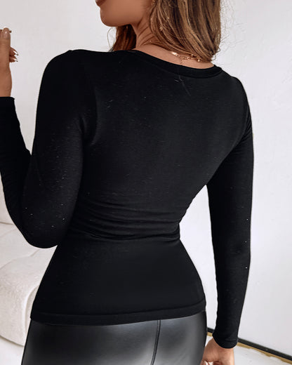 Built In Bra U Neck Tee High Stretchy Knit T-Shirt Long Sleeve Top