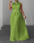Mock Neck Sleeveless high Waist Pleated Maxi Dress Elegant Lace & Braided Spliced Zipper Back Evening Dress with Belt