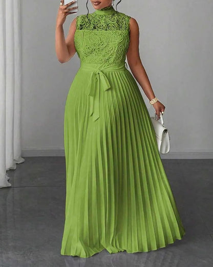 Mock Neck Sleeveless high Waist Pleated Maxi Dress Elegant Lace & Braided Spliced Zipper Back Evening Dress with Belt
