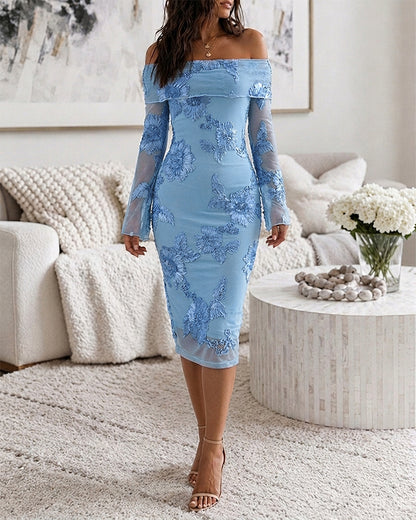 Women's Foldover Off Shoulder Mesh Midi Dress Sheer Flare Sleeve Bodycon Dress Elegant Embroidered Floral Party Dress