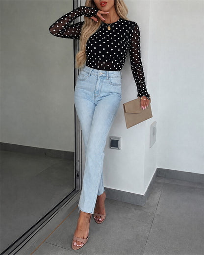 Women's Mesh Polka Dot Top Lined Sheer Long Sleeve Tee Crewneck Slim Fit Layering Under Base Top with Thumbholes