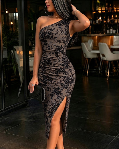 Women's One Shoulder Floral Velvet Mesh Bodycon Midi Dress Elegant Ruched Side Slit Party Dress