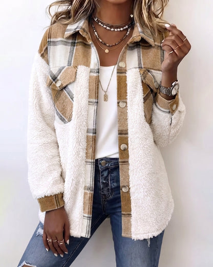 Veste polaire à carreaux pour femmes, veste décontractée à manches longues boutonnée en fausse peau de mouton