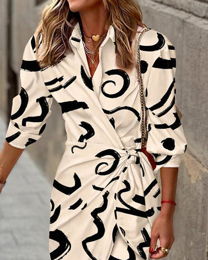 Abstract Print Turn-down Collar Tied Detail Ruched Dress Casual Wrap Front Vacation Dress