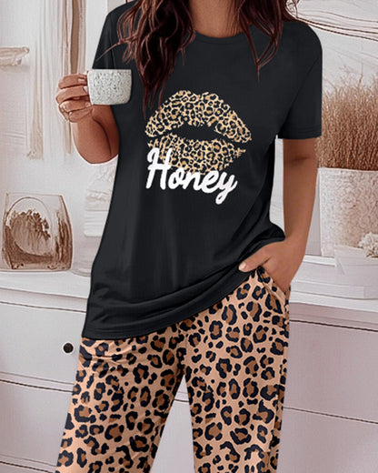 2 Pieces Outfit Lip & Honey Letter Print Short Sleeve Top and Elastic Waist Pants Set Casual Leopard Print Pajamas Set