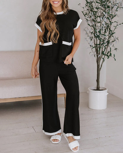 Women's Contrast Binding Two-Piece Set Short Sleeve Top and Wide Leg Pants