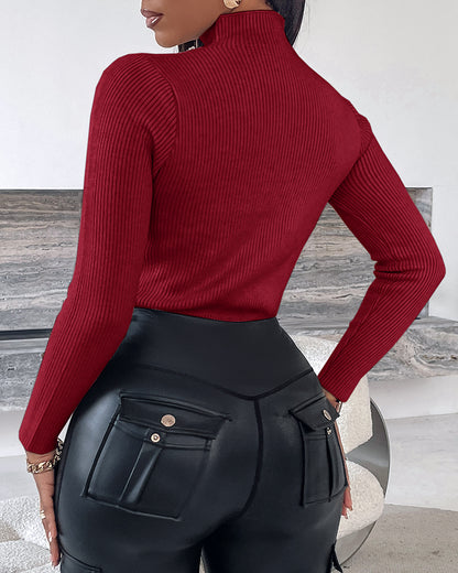 High Neck Long Sleeve Beaded Knit Sweater Hollow-out Fleece Lined Basic Layering Soft Versatile Thermal Top