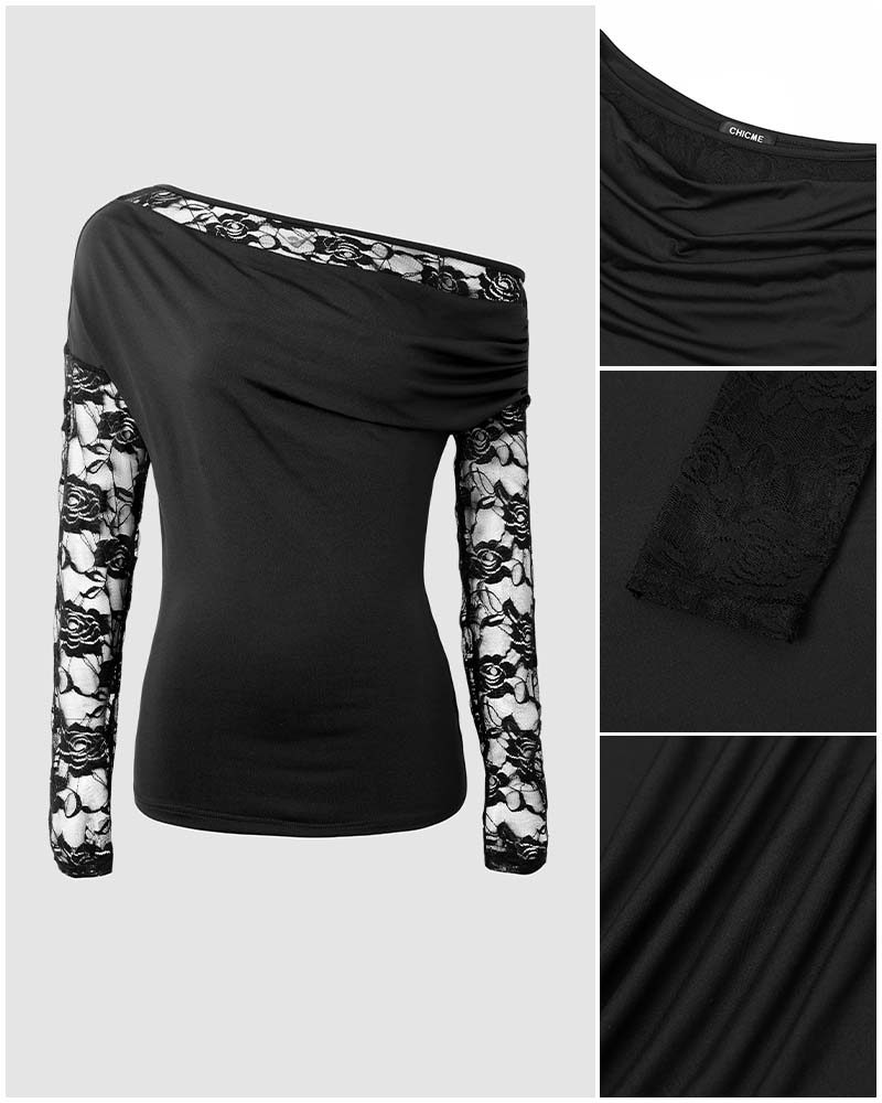 Women's Skew Neck Ruched Top Lace Long Sleeve Stretchy Slim Fitted Tee