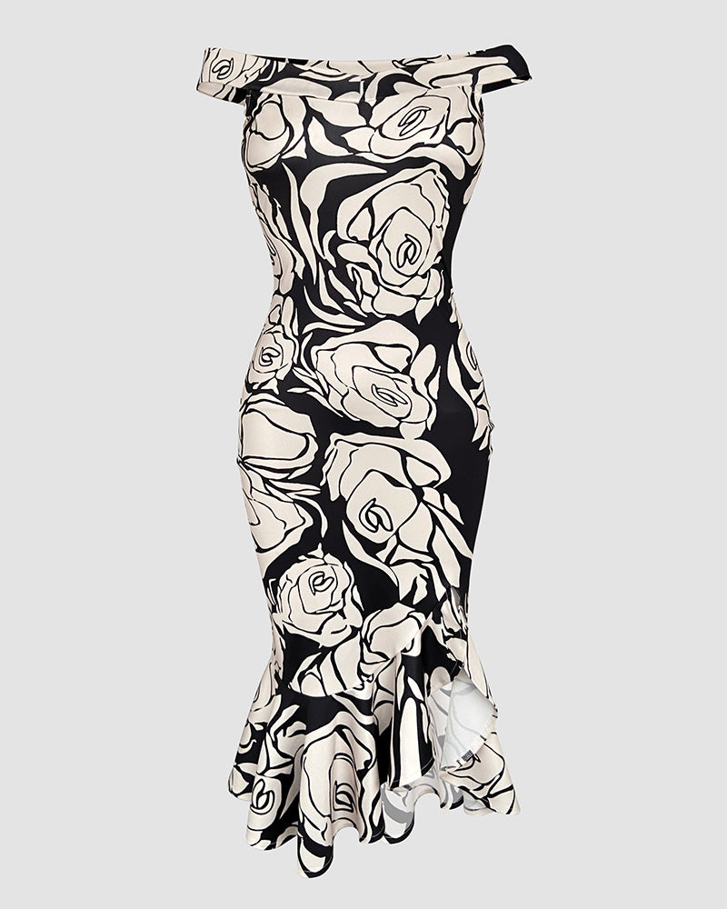 Floral Pattern Off Shoulder Ruffle Hem Slit Dress