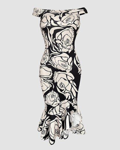Floral Pattern Off Shoulder Ruffle Hem Slit Dress