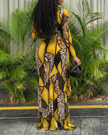 2 Pieces Outfit Geometric & Leopard Colorblock Print Long Sleeve Tie Waist High Slit Sheer Mesh Maxi Dress with V-Neck Adjustable Spaghetti Straps Cami Mini Dress