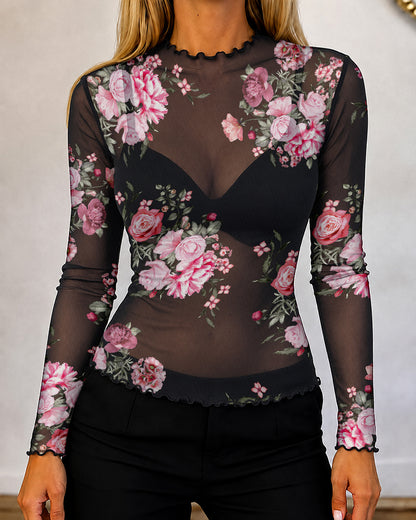 Women's Sheer Mesh Vintage Floral Print Mock Neck Frill Trim Long Sleeve Top