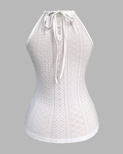 Halter Lace Up Water Soluble Lace Trim Sleeveless Tank Jacquard Casual Slim Fit Knit Top